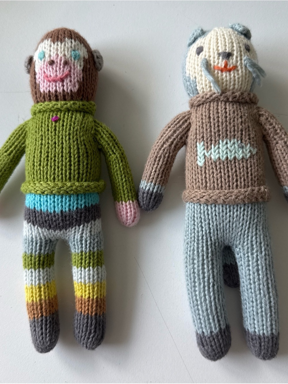Blabla Handmade Knit Striped Monkey & Cat Plush Toy Set - Green, Brown, Blue